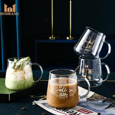 China Fashionable Gold Letter Printed Transparent Creative Glass Coffee Tea Drinks Glass Spoon Drinkware Breakfast Milk Cup Mugs for sale