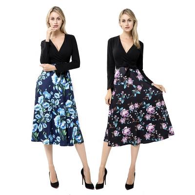 China Breathable V-Neck Wrap Women's Floral Printing Flare Long Sleeve Dress With Pockets for sale