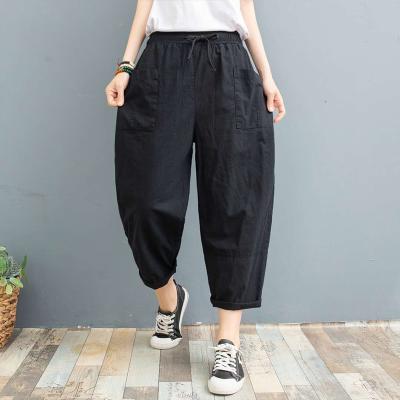 China 2021 New Arrivals Women's Pants Anti-Wrinkle Elastic Waist Casual Wide Leg Pants Cotton Drawstring Canvas Trousers for sale