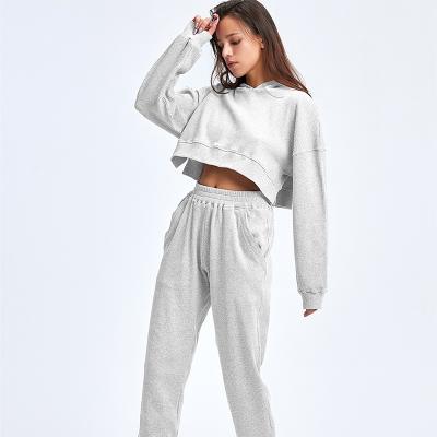 China New Design Workout Sets Women Long Sleeve Cropped Jogging Loose Hoodie Tracksuit Sportswear Set Gym Clothing Sports Pants for sale