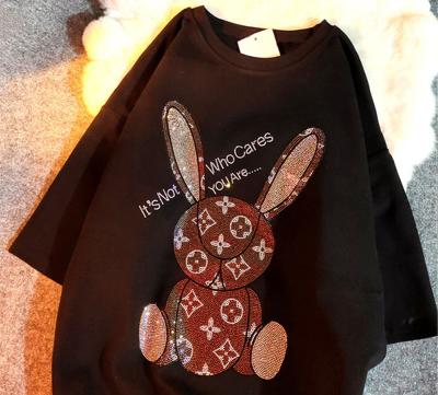 China Loose Rabbit Rhinestone Anti-Pilling Women's T-Shirts Short Sleeve Tops Famous Brands For Women Graphic Printed T-Shirt for sale