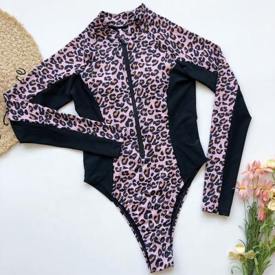 China One Piece 2020 New Leopard Print Professional Zipper Front Girls Surfing Long Sleeves Competition Bikini for sale