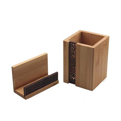 China Business name card display stand and bamboo wooden pencil cup holder for office for sale