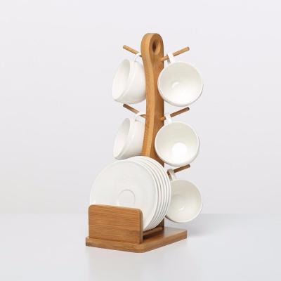 China Viable White Porcelain Espresso Cups With Wooden Saucer And Bamboo Stand, Stand For Home And Office for sale