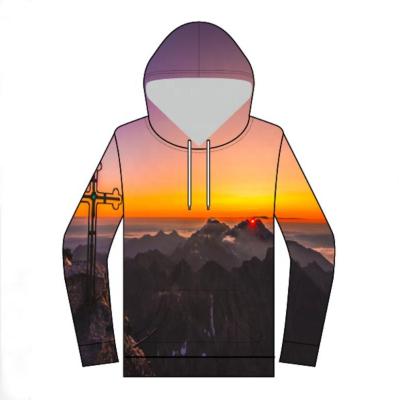 China Custom Made High Quality Anti Shrink Colorful Peaks Design Mountain Sunset Hoodie Sunrise Sweatshirts for sale