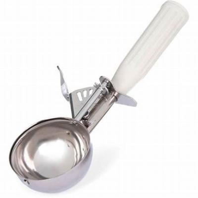 China Viable Kitchen Stainless Steel Cookie Melon Baller Scoop Ice Cream Scoop Trigger Ice Cream Scoop With White Handle for sale