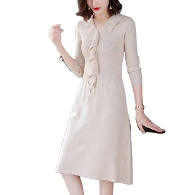 China Anti-Static Ruffle V-Neck Above Knee Knit Dress 2021Autumn Vintage Dress Women Elegant Casual Dress Long Sleeve Sweater for sale