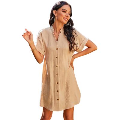 China Women's Casual V-Neckline 2021 Anti-Static Solid Short Spring Dress New Single Breasted Summer Dress Ladies Loose A-Line Dresses for sale