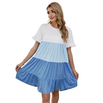 China Fresh And Sweet Color Matching Women's Casual Dress O-neck Cake Skirt Sunbathing Women's Anti-static Long Dress for sale