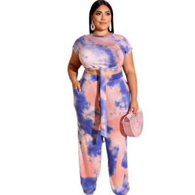 China Viable Tie Dye White Two Piece Set Plus Size Crop Top + Wide Leg Pants Legging Women Elegant Leg Club Wear 2 Piece Suit Team XL~5XL for sale