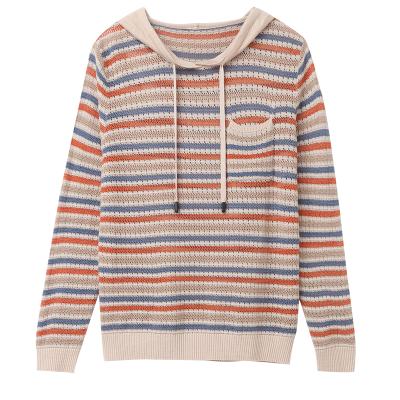 China Anti-Wrinkle Striped Chest Pocket Knitted Long Sleeve Knitted Hooded Loose Casual Hooded Sweater Women's Pullover Tops for sale