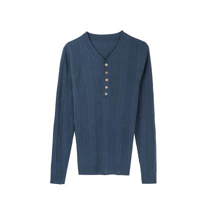 China OEM Solid Color Women Sweater Wild Simple Casual Sweaters Full Wool Sweater Fashion Anti-Wrinkle V Tie Knitted Autumn Ladies Sweater for sale