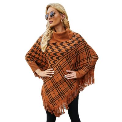 China Shawl 2021 White Houndstooth Pattern Long Cape Knitted Long Shawl Oversized Knitted Cardigan Fringed Shawl for sale