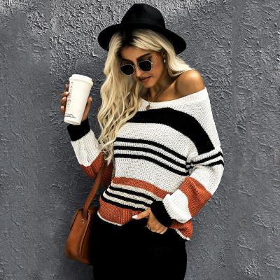 China Anti-wrinkle women's color-blocking long sleeve round neck knitted pullover 2021 casual striped ladies sweater new for sale