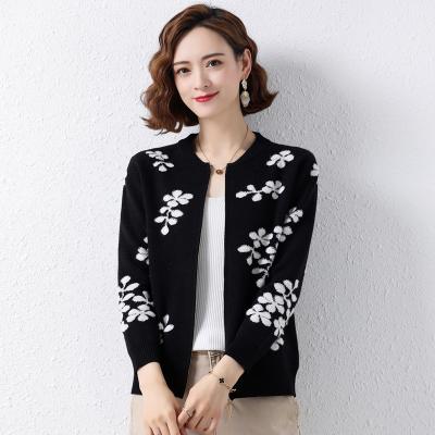 China Anti-wrinkle cardigan embroidery printed women's sweater V-neck knit casual straight top 2021 autumn clothing retro for sale