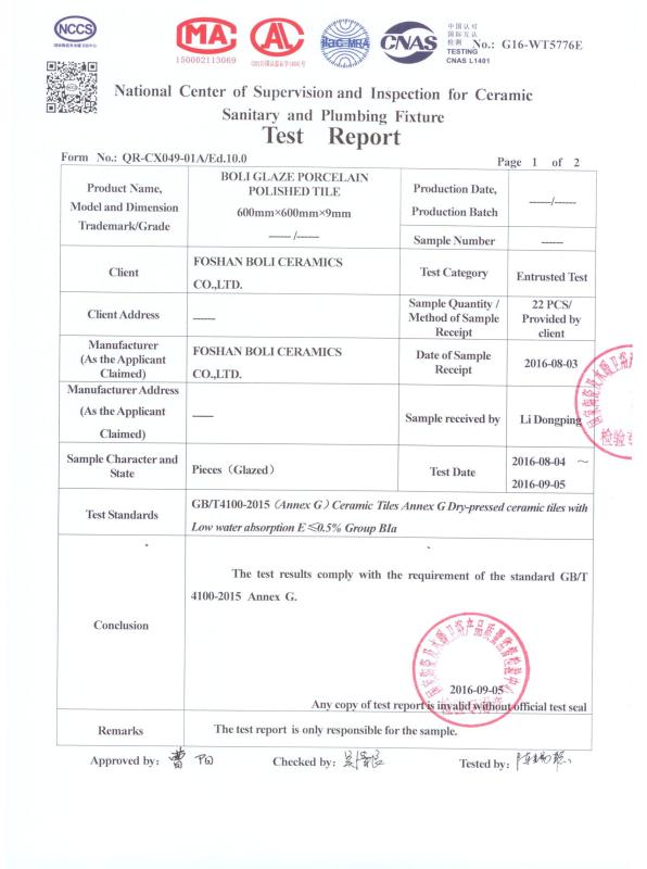 Test report - FOSHAN BOLI CERAMICS CO.,LTD.