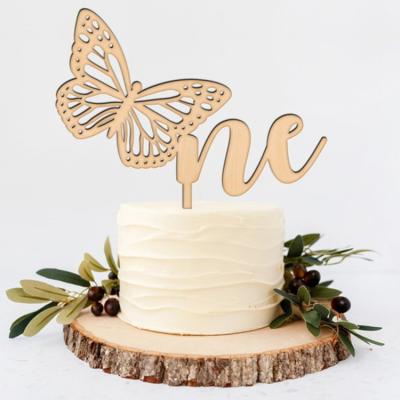 China Europe Hot Selling Customized Wooden Butterfly One Cake Topper Natural Wooden Cake Topper for sale