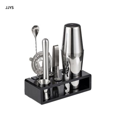 China Professional Metal Bar Accessories Barware Tools Bartender Kit Boston Cocktail Shaker Set Stainless Steel With Wooden Stand for sale