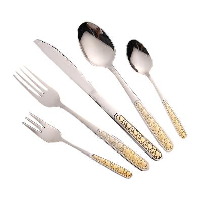 China Hot Selling Metal Travel 5 Pcs Tableware Vintage Luxury Hotel Flatware Stainless Steel Spoons Forks and Knife Viable Cutlery Set for sale