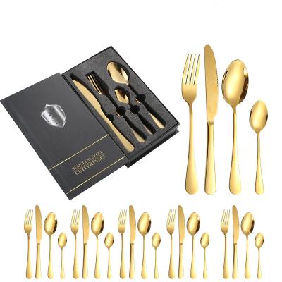 China Viable Restaurant Spoons Forks Modern Luxury Royal Gold Hotel Stainless Steel Knife Flatware Set With Gift Box for sale