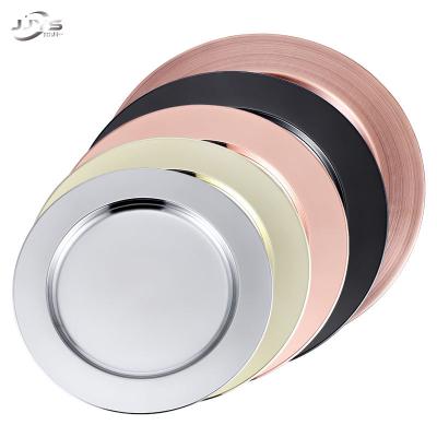 China Sustainable Wholesale Round Metal Stainless Steel Gold Silver Charger Plates For Dining Wedding Dinner for sale