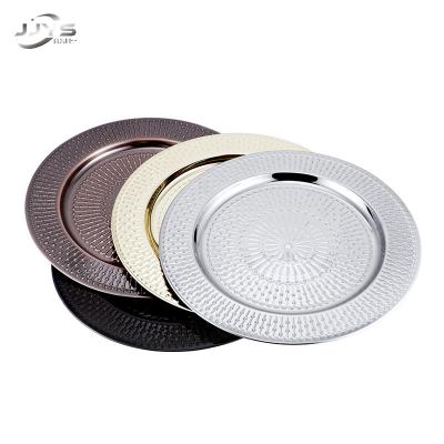 China Hot Selling Viable Stainless Steel Metal Dinner Round Antique Dish Kitchenware Silver Gold Charger Plates For Restaurant Wedding for sale