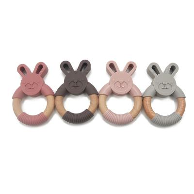 China Toy Animal Shape Wooden Silicone Teether Maple Beech Bunny Rabbit Baby Rattle Teether Soft Toy for sale