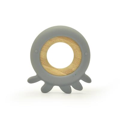 China New product launches non-toxic hot selling 100% natural food grade silicone beech wood octopus form newborn molar ring for sale