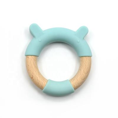 China 100% Non-Toxic Food Grade Silicone Little Cute Organic Teether Ring Infant Toys Rawr Bear Food Grade Silicone and Beech Wood for sale