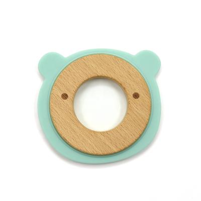 China 100% Food Grade Approved Silicone Small Rawr Non-Toxic Green Bear Mint Silicone And Wooden Teether Ring for sale