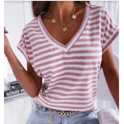 China Fashion Breathable New Design Sexy Spring Women Cotton Striped Short Sleeve V-Neck T-Shirt for sale