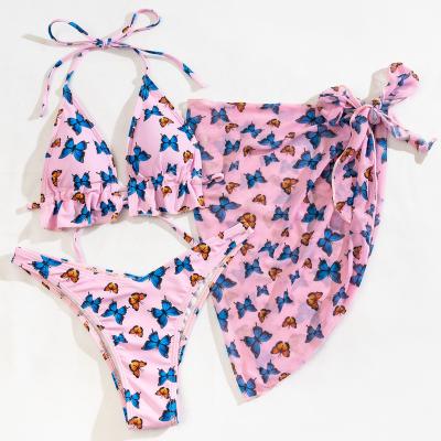 China Hot Selling Breathable Girls Satin Bikini Textured Swimwear Butterfly Printing Skirt Bikini 3 - Piece Swimsuit Triangle Women 2023 Bikini for sale