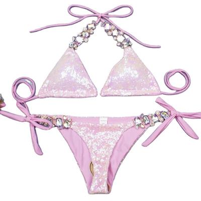 China OEM 3 Piece Strap Breathable Bikini 2023 Sequins Sexy Bikini Diamond Hot Selling Diamond Set Swimwear Slit Swimsuit for sale