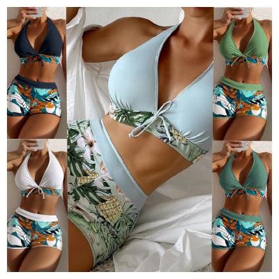 China Breathable New Design Sexy High Waist Print Briefs Halter Bikini Set Swimsuit Women Swimwear for sale