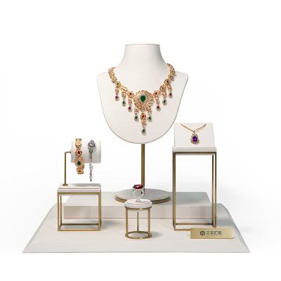 China Luxury Jewellry Shop Metal Frame Jewelry Window Counter Display Set Luxury Earring Ring Necklace Jewelry Display Stand Sets for sale