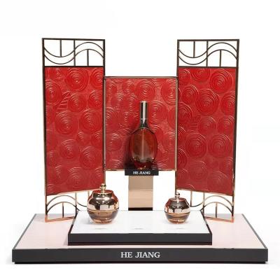 China Cosmetic Shops Show Customized Metal Frame Cosmetic Show Counter Display Cosmetic Racks Acrylic Perfume Display Stand for sale