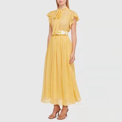 China Polynesian 2022 Summer Dresses Gold Bow Collar Anti-Static A Line Chiffon Ruffle Maxi Dress Line Up Maxi Ladies Wrap Dresses for sale