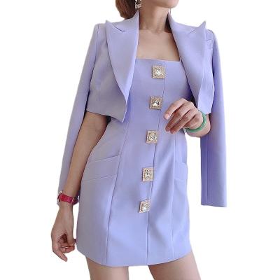 China Anti-static Elegant Light Purple Buttons Detachable Coat Women Fashion Dress 2022 Two Piece Set Clothing for sale