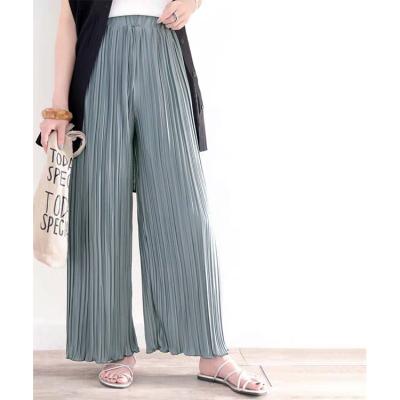 China Summer Korean Style Anti-pilling Loose Waist Elastic High Split Wide Leg Pants Women Pleated Straight Pants for sale