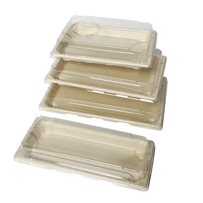 China Biodegradable Compostable Disposable Food Bagasse Sugarcane Pulp Sushi Tray With Lid for sale