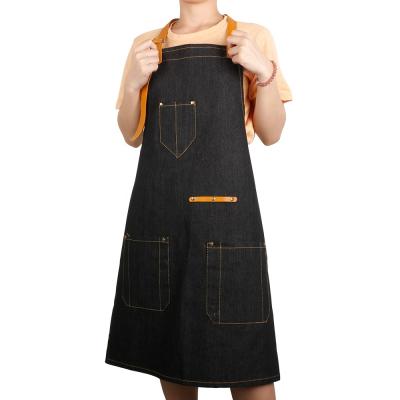 China Adjustable Black Orange Denim Jean Barber Apron With Pocket Waistband Adjustable Wholesale for sale