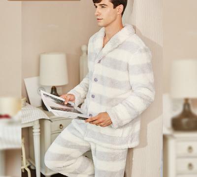 China Breathable Stripe White Knit Polyester Flannel Sleepwear Sleep Mens Pajamas Set for sale