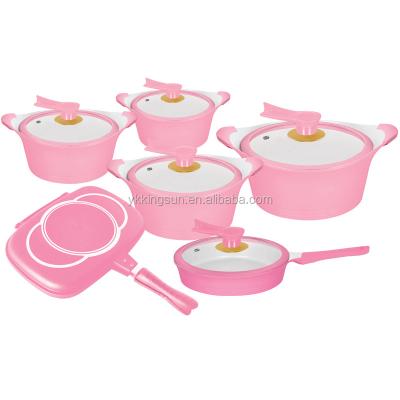 China Sustainable 12pcs Pink Cast Aluminum Ceramic Coating Cookware Set for sale