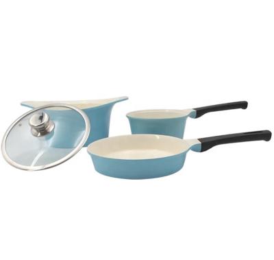 China 4pcs Korea Style Sustainable Die Cast Aluminum White Ceramic Cookware Set With Long Handle for sale