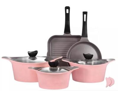 China 8pcs viable die cast aluminum Korea style pink color cookware set with gray ceramic coating high quality for sale