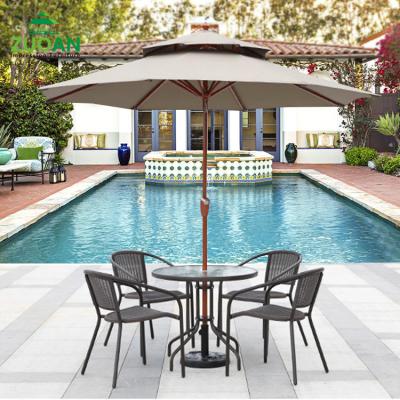 China Hotel 8ft Modern Custom Commercial Double Canopy Polyester Outdoor Center Pole Market Umbrella For Table Chair for sale