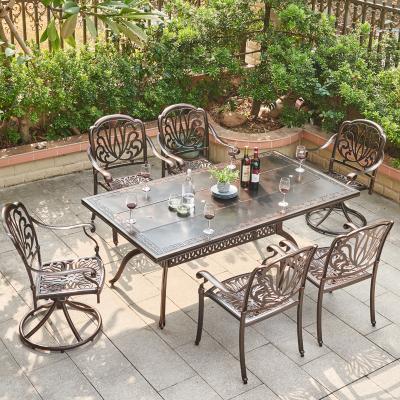 China Weather Resistant Durable 7 Pieces Waterproof Cast Aluminum Table Chairs Restaurant Outdoor Furniture For Garden Patio for sale