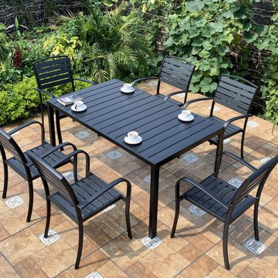 China Weather Resistant Outdoor Cafe Bistro Garden Furniture 6 or 4 Seats Restaurant Plastic Wooden Dining Tables and Chairs for sale