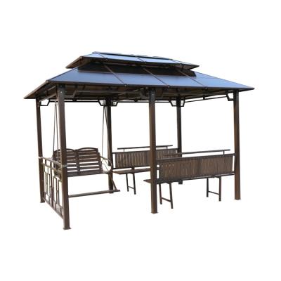 China Weather Resistant Modern Solid Roof Outdoor Garden Canopy Metal Gazebo With Privacy Curtaincy Curtain for sale