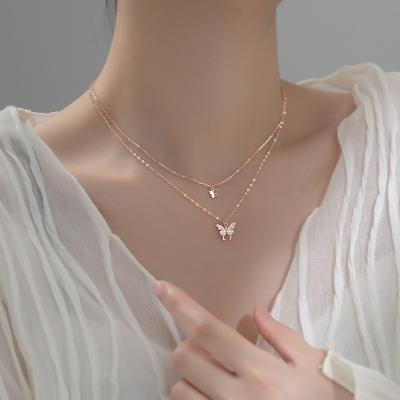 China S925 Butterfly Temperament Butterfly Simple Silver Fashion Simple Jewelry Sweet Double Layer S925 Female Clavicle Chain Necklace for sale